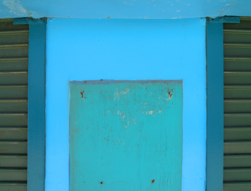 turquoise shutters, citi wallz series, by Naomi Pitcairn
